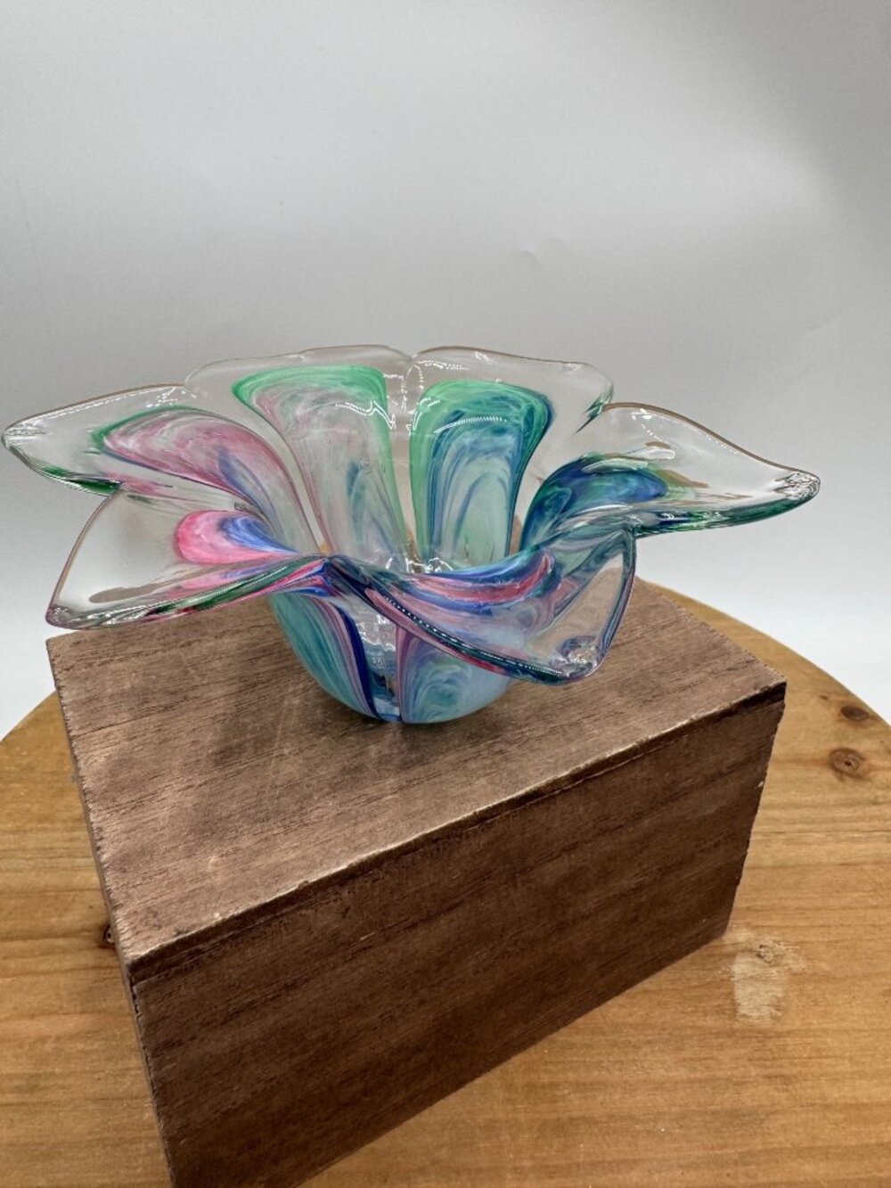 Vtg Murano Crystal Clear Art Glass Multicolor Flower Bowl Votive Pink Blue